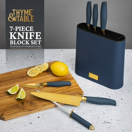 Thyme & Table 7-Piece Slim Block Knife Set with Gold Blades and Blue Block