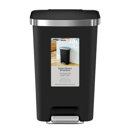 Better Homes & Gardens 11.9 Gallon Kitchen Trash Can, Plastic Step-On Kitchen Trash Can, Black, Black