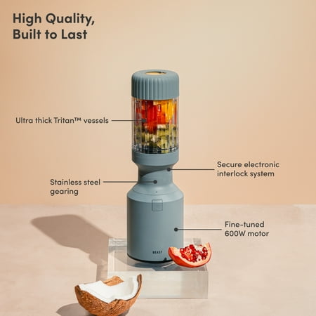 The Beast Mini? Blender Plus | Personal Countertop Blending for Smoothies, Shakes, Food Prep & Frozen Fruits & Veggies | Extra Portable Vessels, Straw Cap & Straws Included | 600W Motor (Mist)