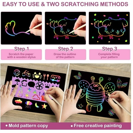 BESSNINI Scratch Paper Arts and Crafts Kits, Rainbow Cards Drawing Crafts for Adults Kids 3 4 5 6 7 8-12 Years Old Girls & Boys (70 Pieces)