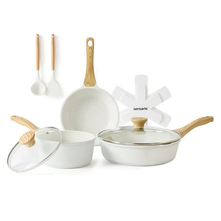 SENSARTE Ceramic Nonstick Pots and Pans Set, 10 Pieces Healthy Non Stick Cookware Set, Induction Kitchen Pan Sets White, PFAS and PFOA Free, White, 10pcs Ceramic