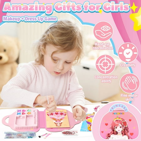 Celecstan Girl Toys Age 6-8-11, Arts and Crafts for Kids ages 8-12, 3 in 1 Kids Princess Paper Makeup Kit for 6 7 8 9 10 11 Year Old Girl Birthday Gifts