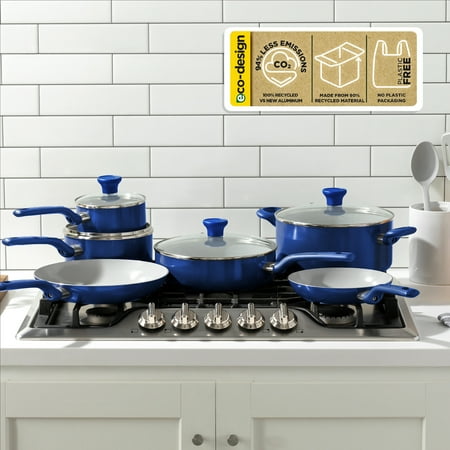 T-fal Easy Care Ceramic Non-Stick, 12 Piece Pots and Pans Cookware Set, Electric BlueBlue,