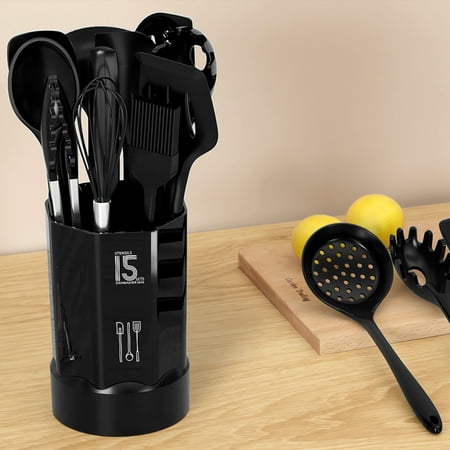 Black Silicone Cooking Utensils Set - 446?F Heat Resistant Kitchen Utensils,Turner Tongs,Spatula,Spoon,Brush,Whisk,Kitchen Utensil Gadgets Tools Set for Nonstick Cookware,Dishwasher Safe (BPA Free)