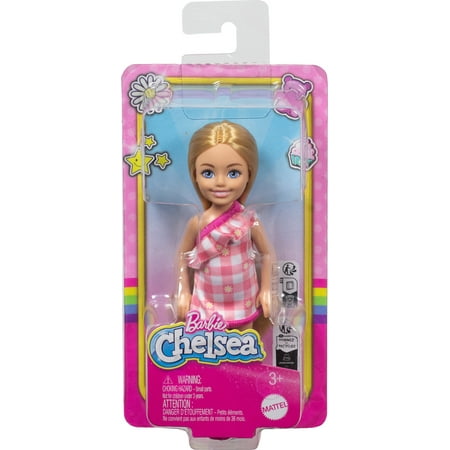 Barbie Chelsea Doll, Small Doll Wearing Removable Checked Dress with Blonde Hair & Blue Eyes