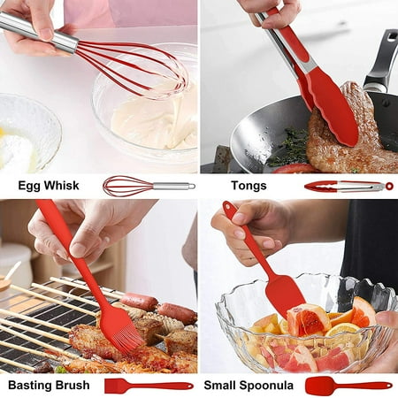 Walchoice 14 Pcs Cooking Utensils Set with Holder, Heat Resistant Silicone Kitchen Cookware Utensils Set, Kitchen Cooking Tools Includes Spatula Spoon Turner Whisk Tong, Dishwasher safe, Red, Red