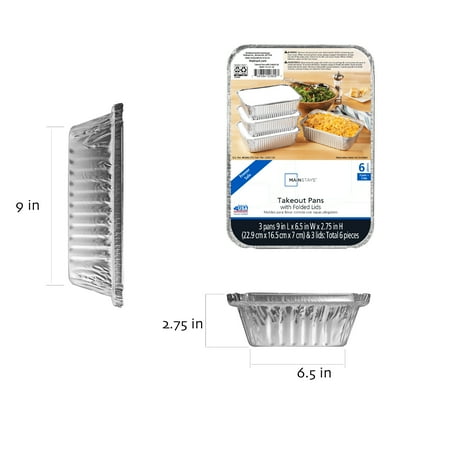 (3 pack) Mainstays Aluminum Foil Medium Takeout Pans with Folded Lids, 3 Count