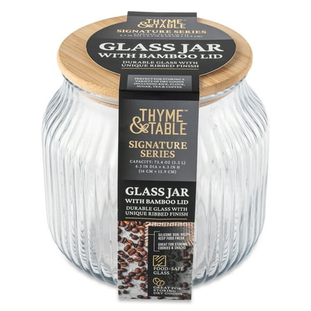 Thyme & Table Small (2.2 L) Ribbed Glass Kitchen Organization Jar with Bamboo Lid, Clear