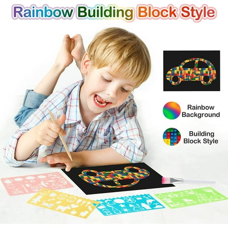 Mocoosy 60 Pcs Scratch Art Paper for Kids, Rainbow Magic Scratch Off Paper Sheets Set, Black Scratch Pads Arts and Crafts Kits for Party Games Activities Christmas Birthday Gift for Ages 3 - 12
