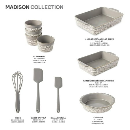 Thyme & Table, 10-Piece Ceramic Bakeware Set, with Spatulas & Whisk, Madison, Gray