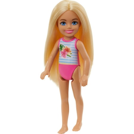 Barbie Chelsea Small Doll with Beach Swimsuit, Stripes & Floral Print, Blonde Hair & Blue Eyes