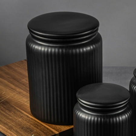 Thyme & Table Large (1.9 L) Ceramic Ribbed Kitchen Organization Jar, Black