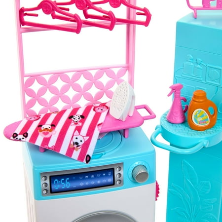 Barbie World Spinning Washer & Dryer Toy Playset with Laundry Accessories like Hangers, Basket, & More