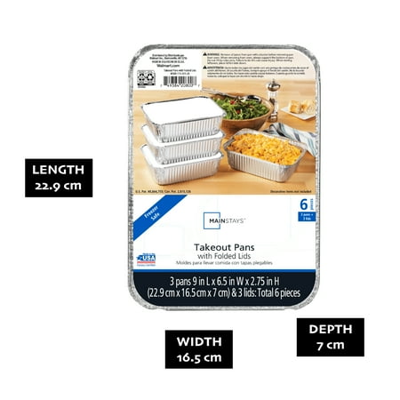 (3 pack) Mainstays Aluminum Foil Medium Takeout Pans with Folded Lids, 3 Count