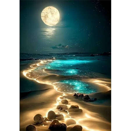 Moonlight Beach Diamond Art Kits for Adults Beginners, DIY Full Drill 5D Seaside Moon Diamond Art Kits for Home Wall Decor 12 x 16 Inch, Other