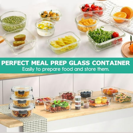 34pcs Glass Food Storage Containers with Lids Set, Airtight Meal Prep Containers (17 Containers & 17 Lids), Grey, Gray