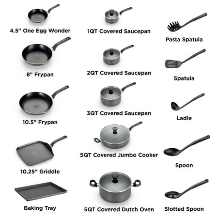 T-fal Easy Care, 20 Piece Non-Stick Pots and Pans Cookware Set, Grey, Gray