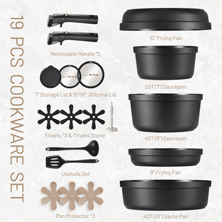 Carote Nonstick Cookware Sets, 19 Pcs Non Stick Pots and Pans Set with Removable Handle, BlackBlack, 20pcs,