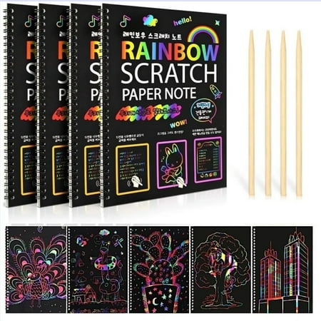BSHAPPLUS? 4 Pack Rainbow Scratch Art Notebooks,Magic Scratch off Paper Notebook Set for Kids Art and Craft Activity Book Black Sketch Doodle Pads with Drawing Stick for Party Favor Game Gift