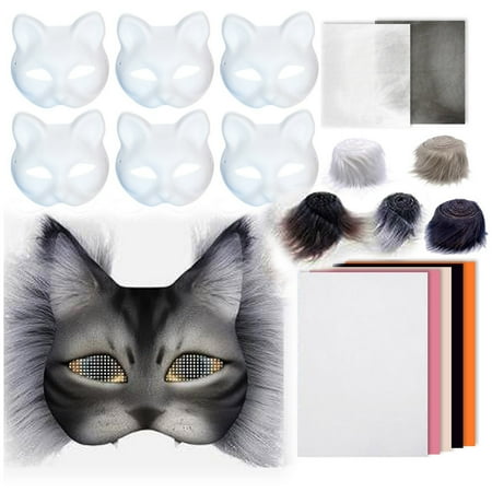 6PCS DIY Cat Therian Blank Mask Kit with Eye Meshes Fur Fabric Felt Fabric Mesh Sheet ,Therian Mask Arts Crafts Kit, Masks for Masquerade, White