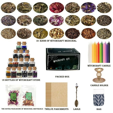HXXF Witchcraft Supplies Kit for Witch Spells ? 85 PCS Beginner Witch Starter Kit Crystals Jars Dried Herbs and Colored Candles for Witches Pagan Altar Decor - Wiccan Supplies and Tools