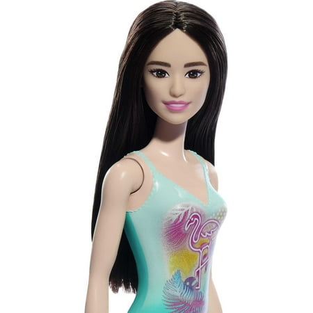 Beach Barbie Doll with Black Hair Wearing Blue One-Piece Swimsuit with Tropical Print