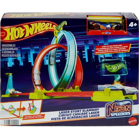 Hot Wheels Neon Speeders Track Set, Laser Stunt Slamway with 1 Car, Tri-Colored Track, Easy Storage
