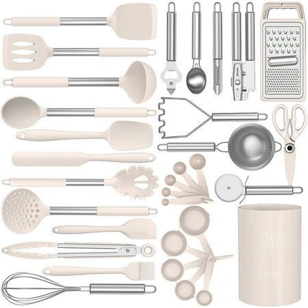 Silicone Cooking Utensils Set - Heat Resistant Silicone Kitchen Utensils for Cooking, Kitchen Utensil Spatula Set,BPA FREE Kitchen Gadgets Tools for Non-Stick Cookware Dishwasher Safe (Khaki)