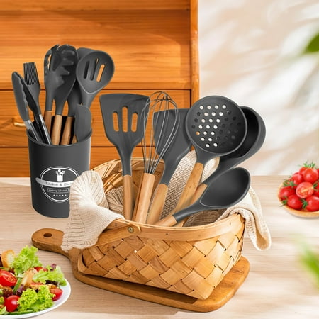 29 Pcs Silicone Kitchen Utensil Set, Cooking Utensils Set, Food Grade Silicone Spatula Set, BPA-Free, 446?F Heat Resistant Kitchen Gadgets Tools Set with Wooden Handle for Non-Stick Cookware, Gray, Gray