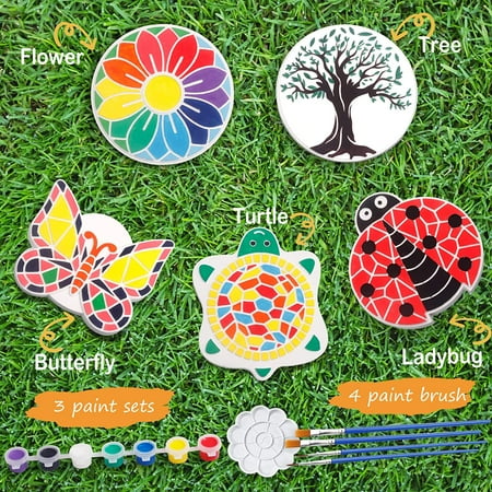 Paint Your Own Stepping Stones for Kids,5 Pack DIY Ceramic Painting Craft Kits,Arts and Crafts for Child Ages 4-8,Painting Crafts for Girls Ages 8-12,Outdoor Garden Art