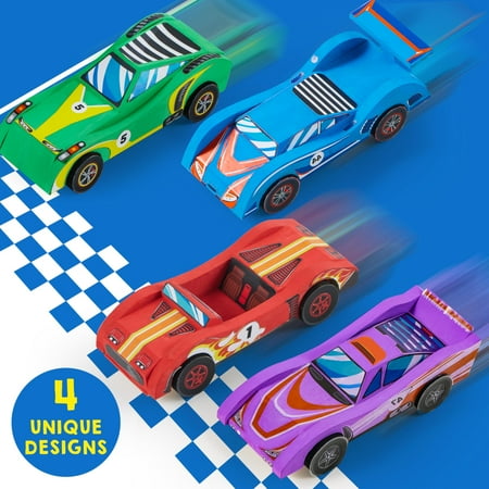 SYNCFUN 4 Piece Wooden Race Car Building & Painting Art Kit for Kids,Birthday Gift for Boys Ages 6+