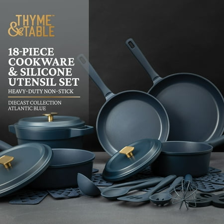Thyme & Table Diecast 18-Piece Cookware & Silicone Utensil Set Non-Stick - Atlantic Blue, Blue