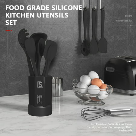 Black Silicone Cooking Utensils Set - 446?F Heat Resistant Kitchen Utensils,Turner Tongs,Spatula,Spoon,Brush,Whisk,Kitchen Utensil Gadgets Tools Set for Nonstick Cookware,Dishwasher Safe (BPA Free)