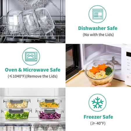 34pcs Glass Food Storage Containers with Lids Set, Airtight Meal Prep Containers (17 Containers & 17 Lids), Grey, Gray