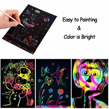 Scratch Paper Art for Kids, 50 Sheets Rainbow Scratch Paper Arts and Crafts for Kids Black Scratch Paper Art Notes Paper Boards with 5 Wooden Stylus and 4 Drawing Rulers and 1 Pencil Sharpener