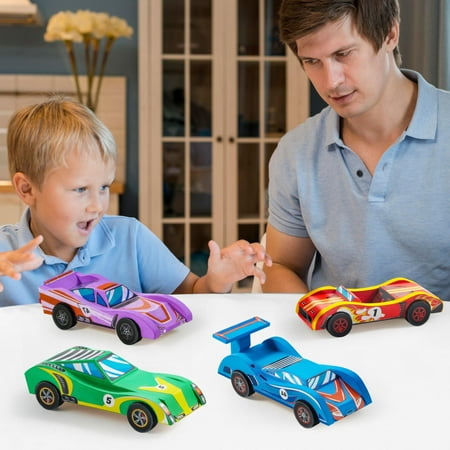 SYNCFUN 4 Piece Wooden Race Car Building & Painting Art Kit for Kids,Birthday Gift for Boys Ages 6+
