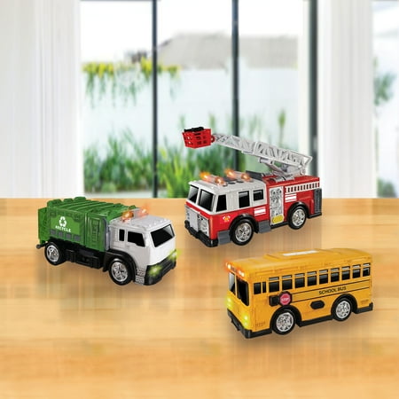 Adventure Force Light & Sound Mini City Service Vehicles, 3 Pack, School Bus, Fire Truck and Recycling Truck