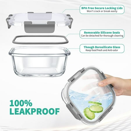 34pcs Glass Food Storage Containers with Lids Set, Airtight Meal Prep Containers (17 Containers & 17 Lids), Grey, Gray