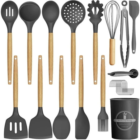29 Pcs Silicone Kitchen Utensil Set, Cooking Utensils Set, Food Grade Silicone Spatula Set, BPA-Free, 446?F Heat Resistant Kitchen Gadgets Tools Set with Wooden Handle for Non-Stick Cookware, Gray, Gray