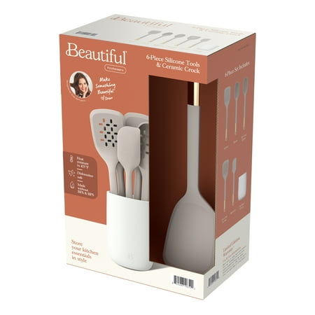Beautiful 6-Piece Silicone Tool Set with Ceramic Crock, Porcini Taupe by Drew Barrymore