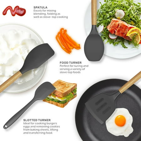 oannao Silicone Cooking Utensils Set - 446?F Heat Resistant Silicone Kitchen Utensils for Cooking,Kitchen Utensil Spatula Set w Wooden Handles,Holder, BPA FREE Gadgets for Non-Stick Cookware (Grey), Gray