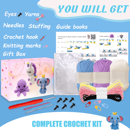 Yarniss Beginner Crochet Kit, Crochet Animal Kit for Unicorn,Octopuses, Elephant