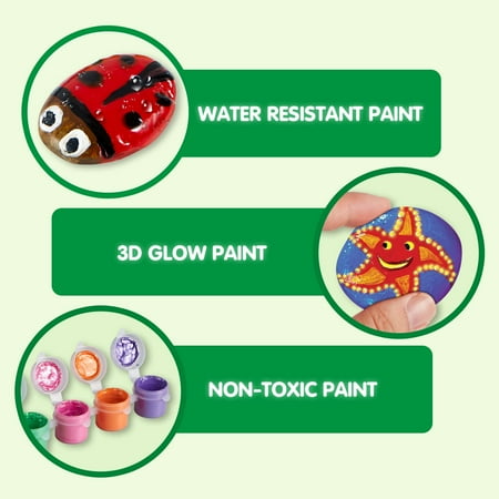 12 Rock Painting Kit, 43 Pcs Arts and Crafts for Kids Ages 5-7, Art Supplies with 18 Paints (Glow in The Dark & Metallic & Standard), Craft Paint Kits for Boys and Girls Ages 8-11, Old