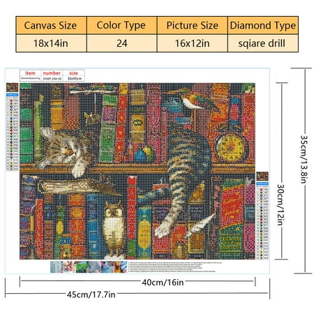 TISHIRON 5D Full Drill Diamond Art Painting Kits for Adults Kids Cat on Bookshelf DIY Round Diamond Art Painting Kit Animal Paint by Diamonds for Adults, 12x16 Inches, Other, 12" x 16"