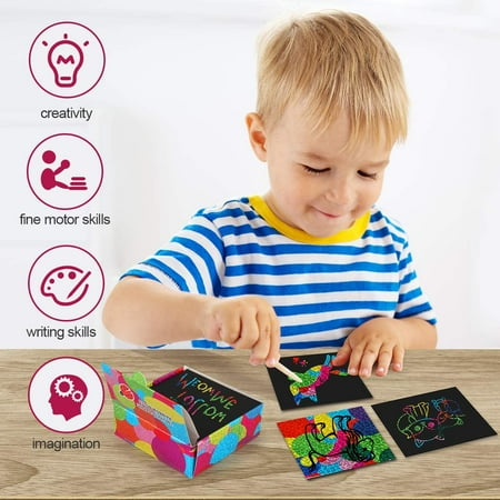 Mocoosy 4 Pack Mini Rainbow Scratch Off Art Notes, Holographic Glitter Scratch Paper Arts and Crafts for Kids Magic Scratch Notes Paper Card Christmas Birthday Gift Box