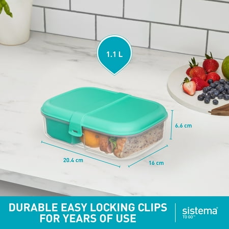 Sistema To Go Split Lunch Box, 1.1L Food Storage Container with 2 Compartments, Minty Teal