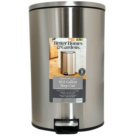 Better Homes & Gardens 10.5 Gallon Trash Can, Oval Kitchen Step Trash Can, Stainless Steel, Silver