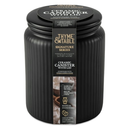 Thyme & Table Large (1.9 L) Ceramic Ribbed Kitchen Organization Jar, Black