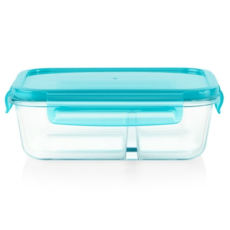Pyrex MealBox 4-cup Divided Glass Food Storage Container with Turquoise Lid, 3.4 cup