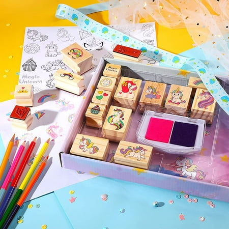 PinkSheep Unicorn Wooden Stamp Set, Arts Crafts Kit Set with 17 Stampers, 2 Ink pads, 5 Colored Pencils, 31 Stickers